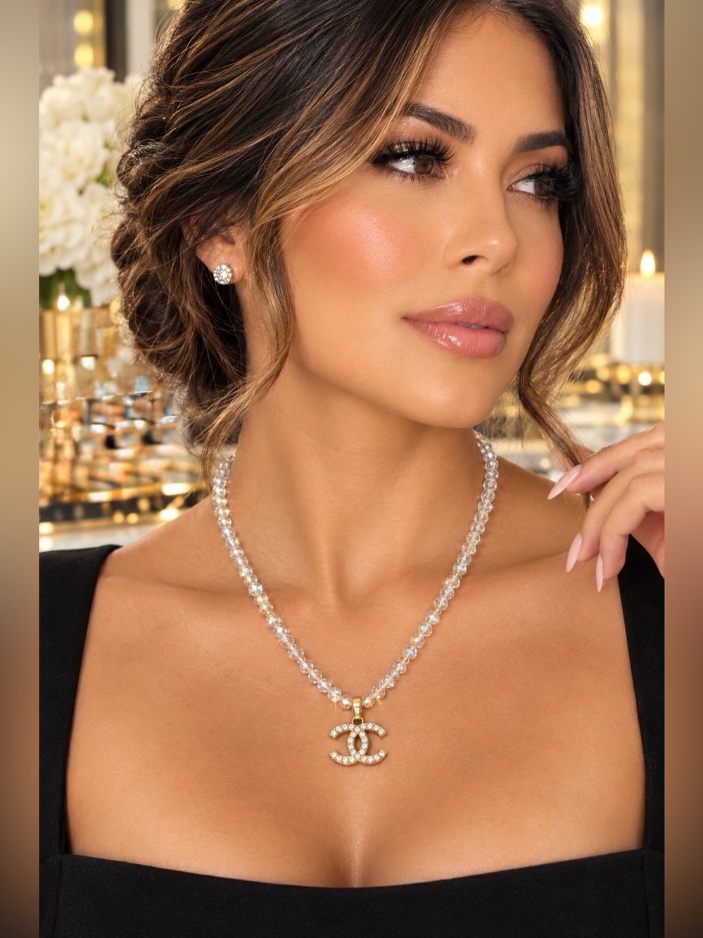 Gold-Accent Clear Crystal Bead Necklace with Logo Pendant